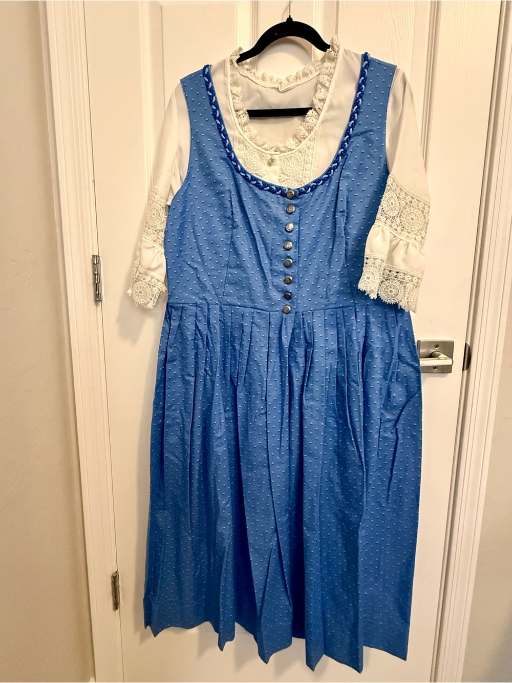 Authentic Blue Floral Dirndl Set w/ Crochet Lace Blouse - Size 42 (US 10/12)